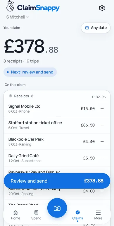 A claim built on iPhone: £378.88 from 8 receipts and 16 trips, with every line listed and Review and send at the bottom.
