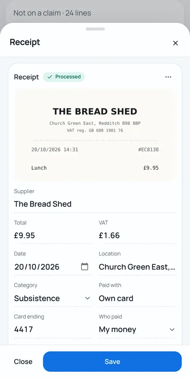 A receipt read on iPhone: The Bread Shed, £9.95 with £1.66 VAT, dated 20/10/2026 and filed under Subsistence.