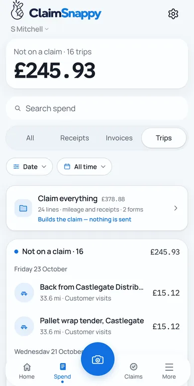 Trips on iPhone: 16 journeys not on a claim yet, worth £245.93, each with its miles and amount.