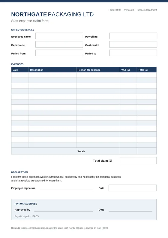 A company’s own blank expense claim form: employee details, a table of expenses, totals and a declaration.