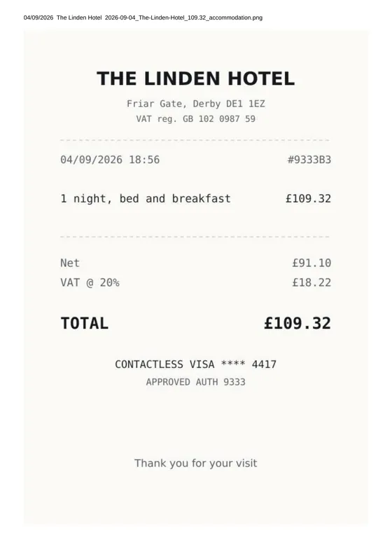 A receipt page from the claim: The Linden Hotel, £109.32 with £18.22 VAT.