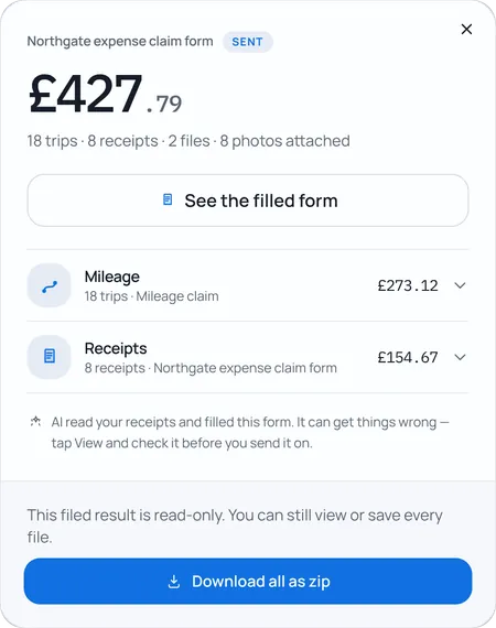 A sent claim on the web: £427.79 from 18 trips and 8 receipts, with the filled company form, the mileage claim, and every receipt photo to download as a zip.